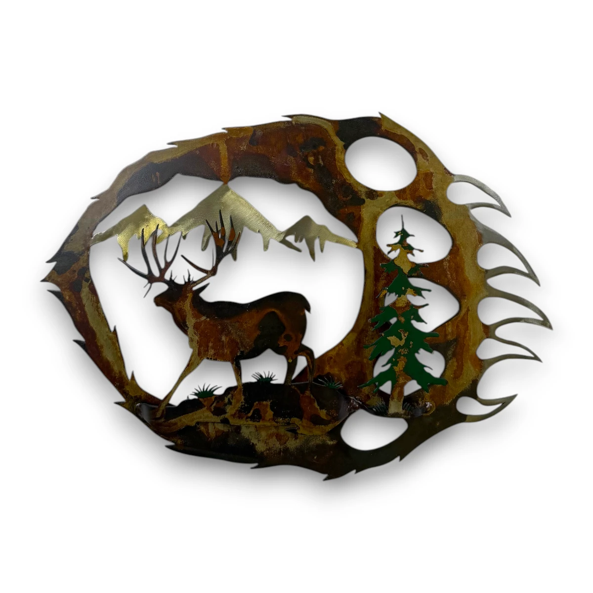 Hand-painted 18 inch 3D metal bear paw wall art with mule deer, mountain peaks, evergreen tree, and rustic cabin wildlife decor.