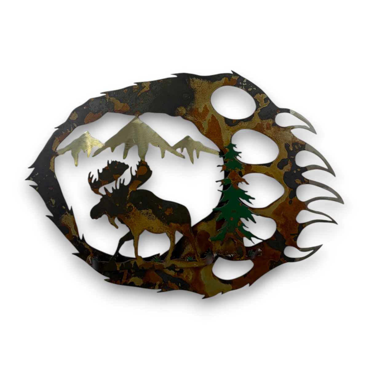 Hand-painted 18 inch 3D metal bear paw wall art with moose, mountain peaks, evergreen tree, and rustic cabin wildlife decor.