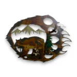 Hand-painted 3D metal bear paw wall art with black bear, mountain peaks, evergreen trees, eagle, and rustic cabin wildlife decor.