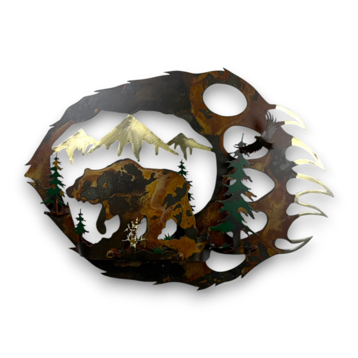 Hand-painted 3D metal bear paw wall art with grizzly bear, mountain peaks, evergreen trees, eagle, and rustic cabin wildlife decor.