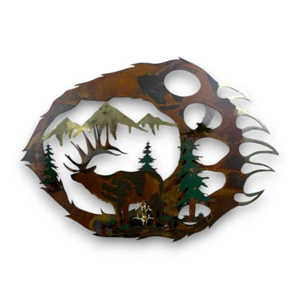 Hand-painted 3D metal bear paw wall art with bull elk, mountain peaks, evergreen trees, and rustic cabin wildlife decor.