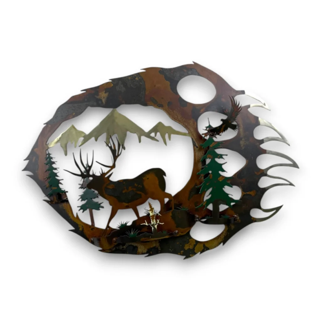 Hand-painted 3D metal bear paw wall art with mule deer, mountain peaks, evergreen trees, and rustic wildlife cabin decor style.
