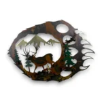 Hand-painted 3D metal bear paw wall art with mule deer, mountain peaks, evergreen trees, and rustic wildlife cabin decor style.