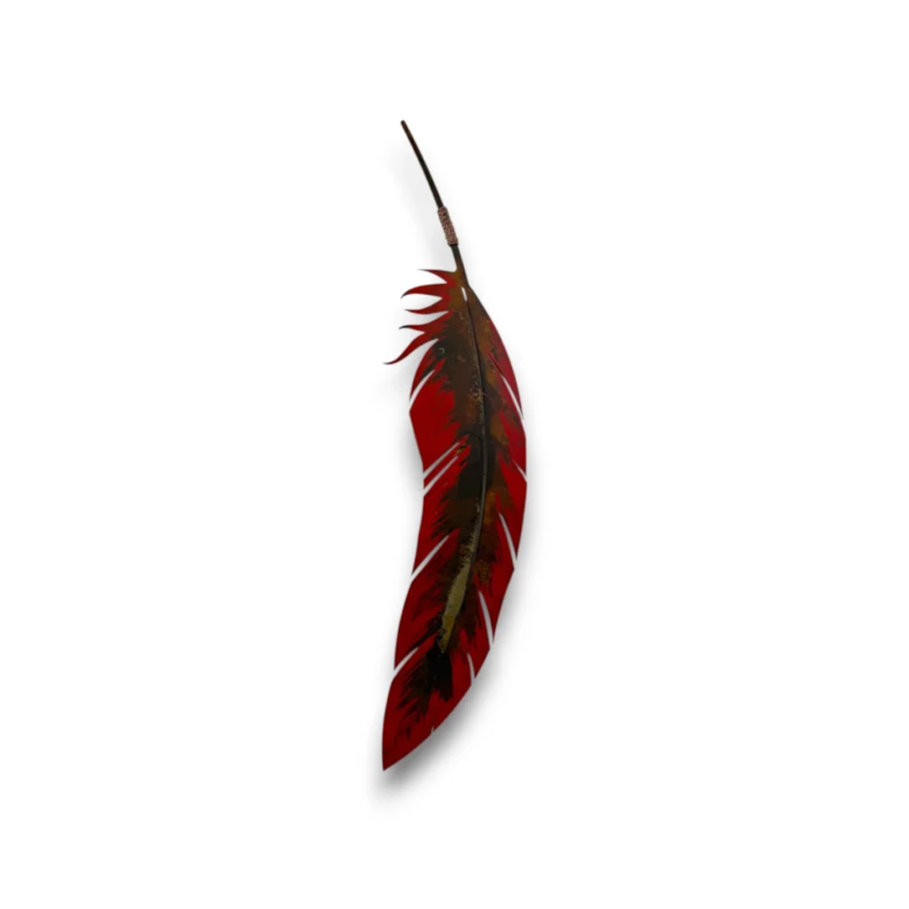 Hand-painted 36 inch red metal feather wall art with rustic weathered finish and Southwestern metal decor style.