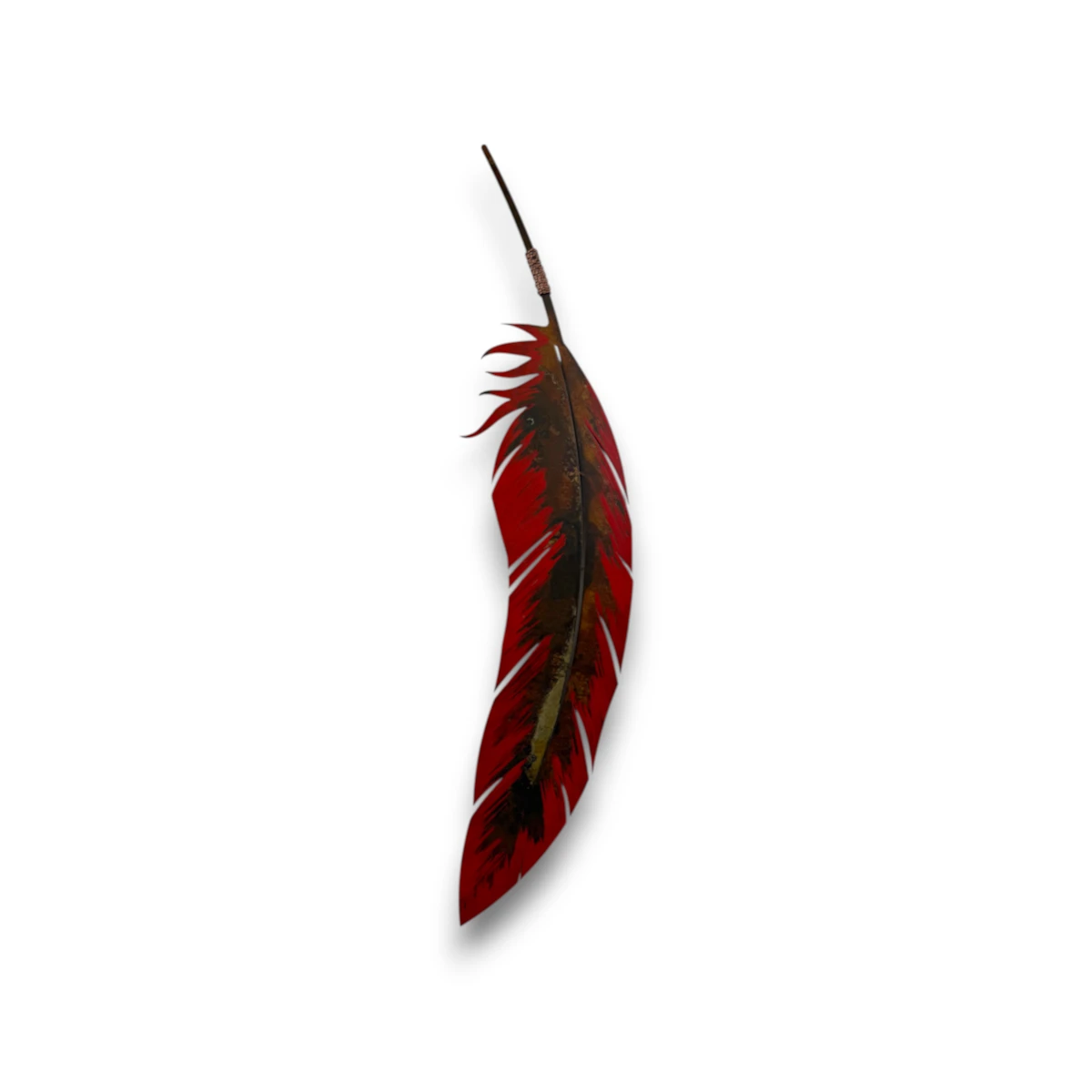 Hand-painted 36 inch red metal feather wall art with rustic weathered finish and Southwestern metal decor style.