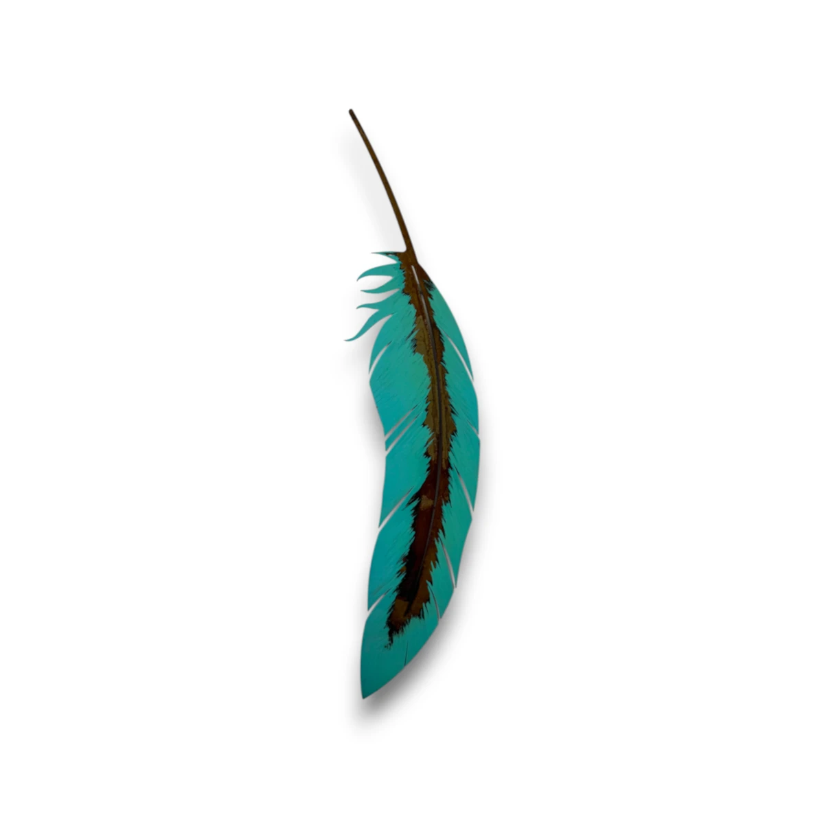 Hand-painted 24 inch turquoise metal feather wall art with rustic weathered finish and Southwestern 3D metal decor style.