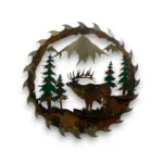 Hand-painted 18 inch 3D metal saw blade wall art with bull elk, mountain peaks, evergreen trees, and rustic cabin wildlife decor.