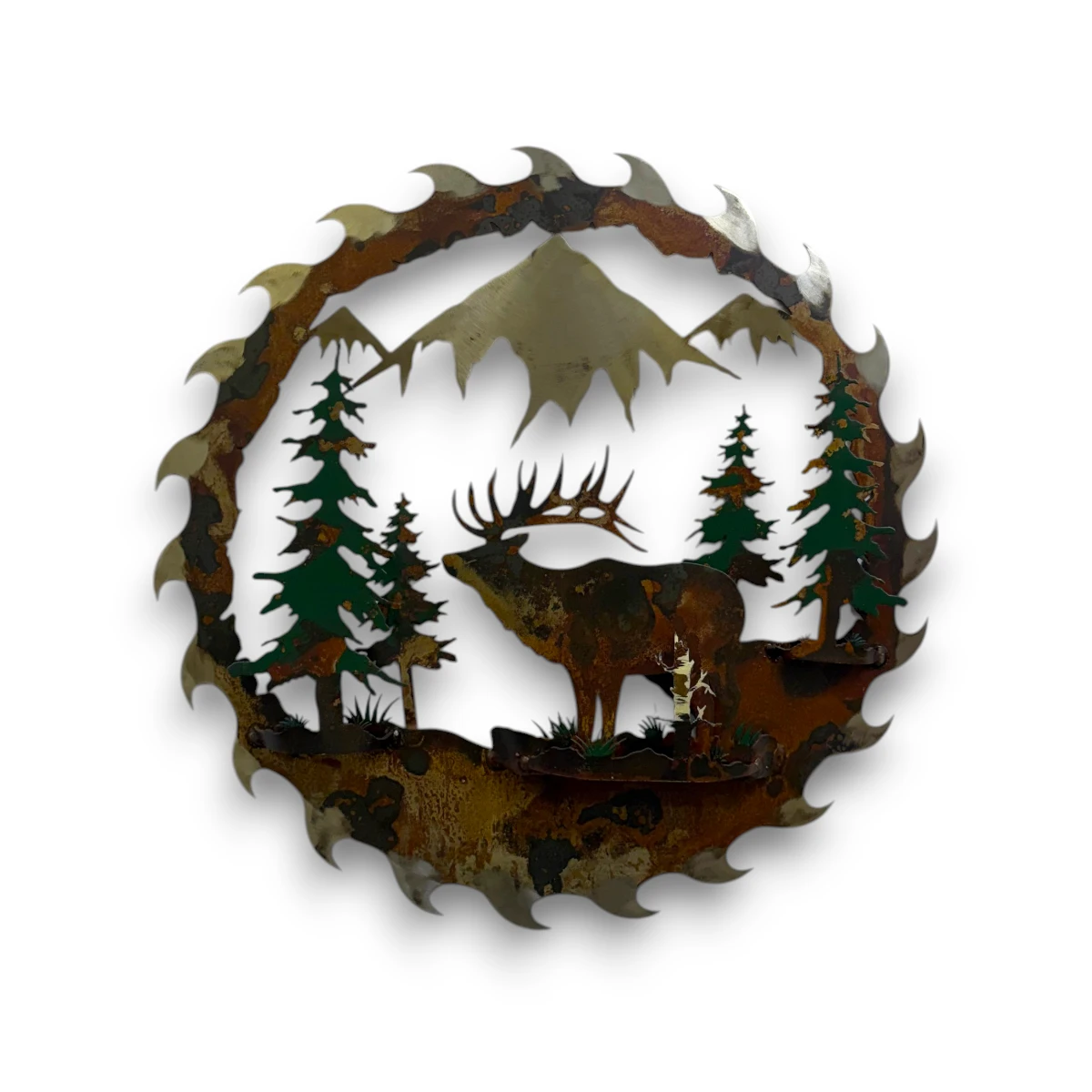Hand-painted 18 inch 3D metal saw blade wall art with bull elk, mountain peaks, evergreen trees, and rustic cabin wildlife decor.
