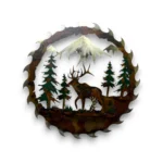 Hand-painted 18 inch 3D metal saw blade wall art with walking bull elk, mountain peaks, evergreen trees, and rustic cabin wildlife decor.