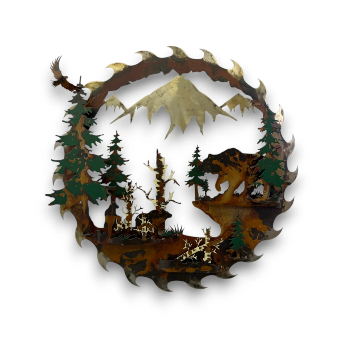 Hand-painted 24 inch 3D metal saw blade wall art with grizzly bear family, mountain peaks, evergreen trees, and rustic cabin wildlife decor.