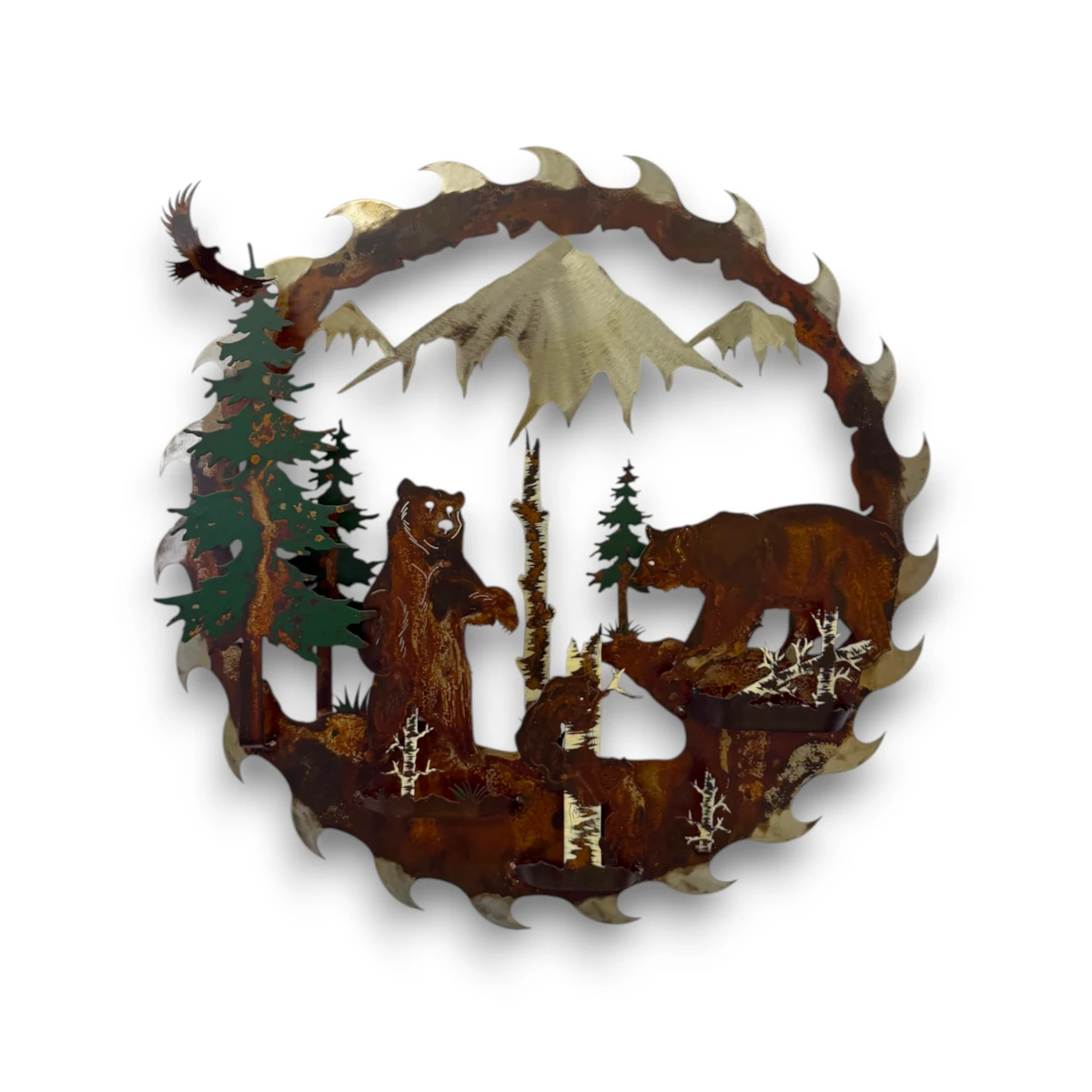 Hand-painted 24 inch 3D metal saw blade wall art with black bear family, mountain peaks, evergreen trees, and rustic cabin wildlife decor.
