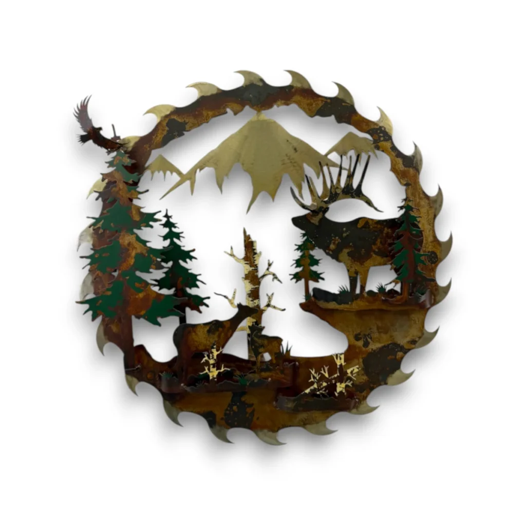 Hand-painted 24 inch 3D metal saw blade wall art with elk family, bull elk, mountain peaks, evergreen trees, and rustic cabin wildlife decor.