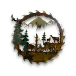 Hand-painted 24 inch 3D metal saw blade wall art with fighting bull elk, deer, mountain peaks, evergreen trees, and rustic cabin wildlife decor.