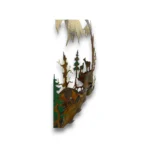 Hand-painted 24 inch 3D metal saw blade wall art with fighting bull elk, deer, mountain peaks, evergreen trees, and rustic cabin wildlife decor detail view.