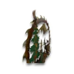 Hand-painted 24 inch 3D metal saw blade wall art with fighting bull elk, deer, mountain peaks, evergreen trees, and rustic cabin wildlife decor side view.