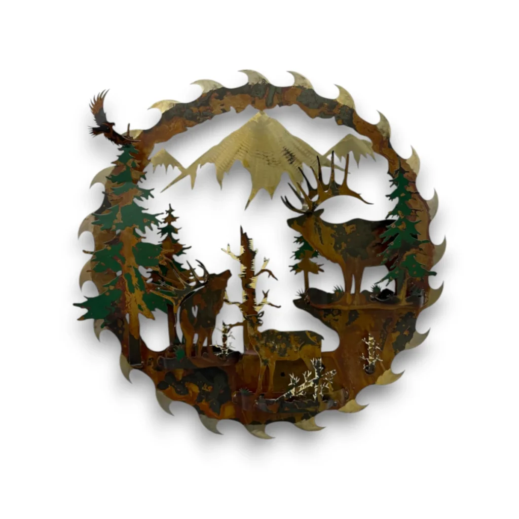 Hand-painted 24 inch 3D metal saw blade wall art with bugling bull elk, elk herd, mountain peaks, evergreen trees, and rustic cabin wildlife decor.