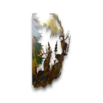 Hand-painted 24 inch 3D metal saw blade wall art with bugling bull elk, elk herd, mountain peaks, evergreen trees, and rustic cabin wildlife decor side detail.