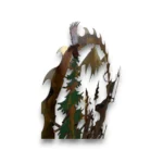 Hand-painted 24 inch 3D metal saw blade wall art with bugling bull elk, elk herd, mountain peaks, evergreen trees, and rustic cabin wildlife decor side view.