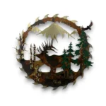 Hand-painted 24 inch 3D metal saw blade wall art with single bull elk, mountain peaks, evergreen trees, and rustic cabin wildlife decor.