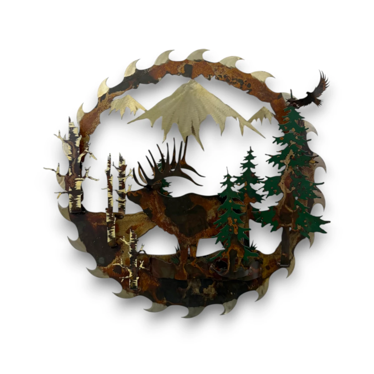 Hand-painted 24 inch 3D metal saw blade wall art with single bull elk, mountain peaks, evergreen trees, and rustic cabin wildlife decor.