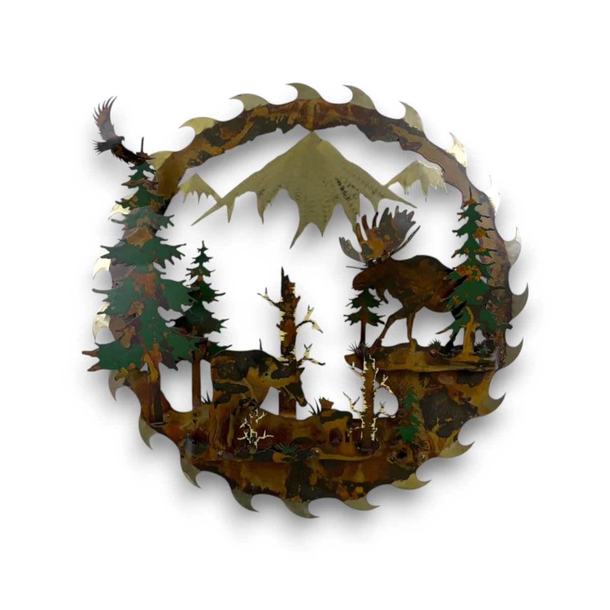 Hand-painted 24 inch 3D metal saw blade wall art with moose family, mountain peaks, evergreen trees, and rustic cabin wildlife decor.