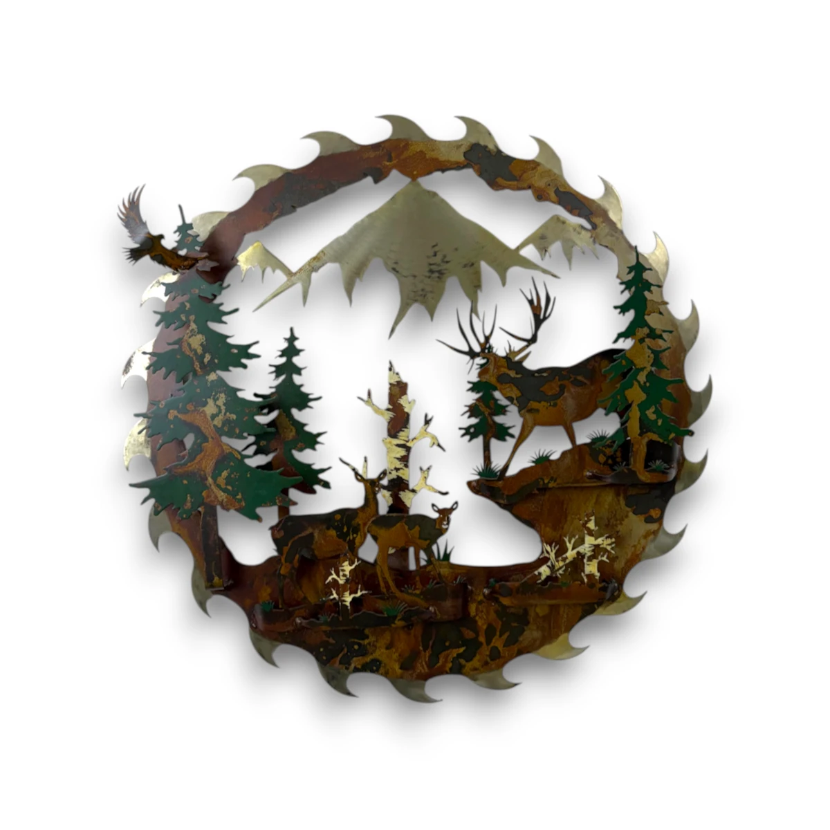 metal-wall-art-design-240L-24-sawblade-mule-deer Hand-painted 24 inch 3D metal saw blade wall art with mule deer family, mountain peaks, evergreen trees, and rustic cabin wildlife decor.