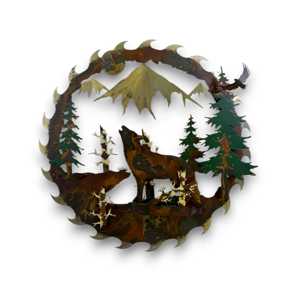 Hand-painted 24 inch 3D metal saw blade wall art with howling wolf, full moon, mountain peaks, evergreen trees, and rustic cabin wildlife decor.