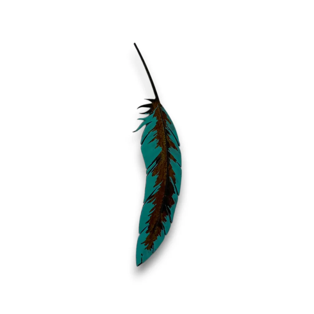 Hand-painted turquoise metal feather accent with rustic weathered finish and western cabin wall decor style.