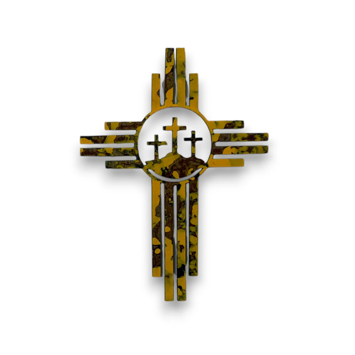 metal-wall-art-design-1006-6-zia-cross-yellow Hand-painted Zia metal art with three crosses, rustic finish, and Southwestern faith-inspired wall decor style.