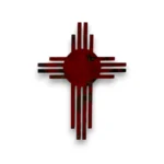 Hand-painted red Zia metal art with rustic weathered finish and Southwestern desert wall decor style.