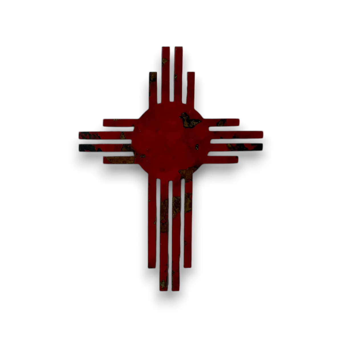 metal-wall-art-design-1007-6-zia-red Hand-painted red Zia metal art with rustic weathered finish and Southwestern desert wall decor style.