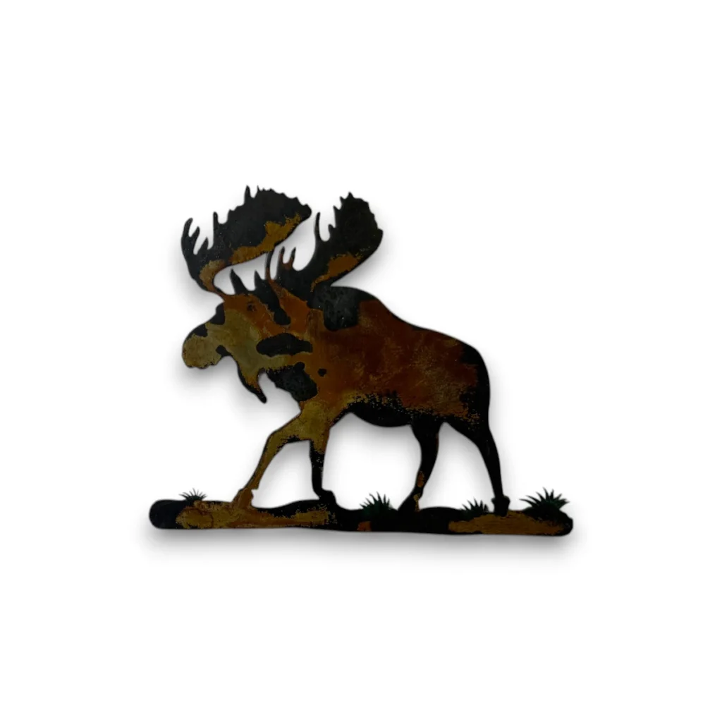 Hand-painted moose metal art accent with rustic weathered finish and northern cabin wildlife decor style.
