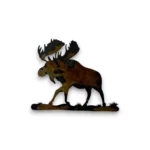Hand-painted moose metal art accent with rustic weathered finish and northern cabin wildlife decor style.