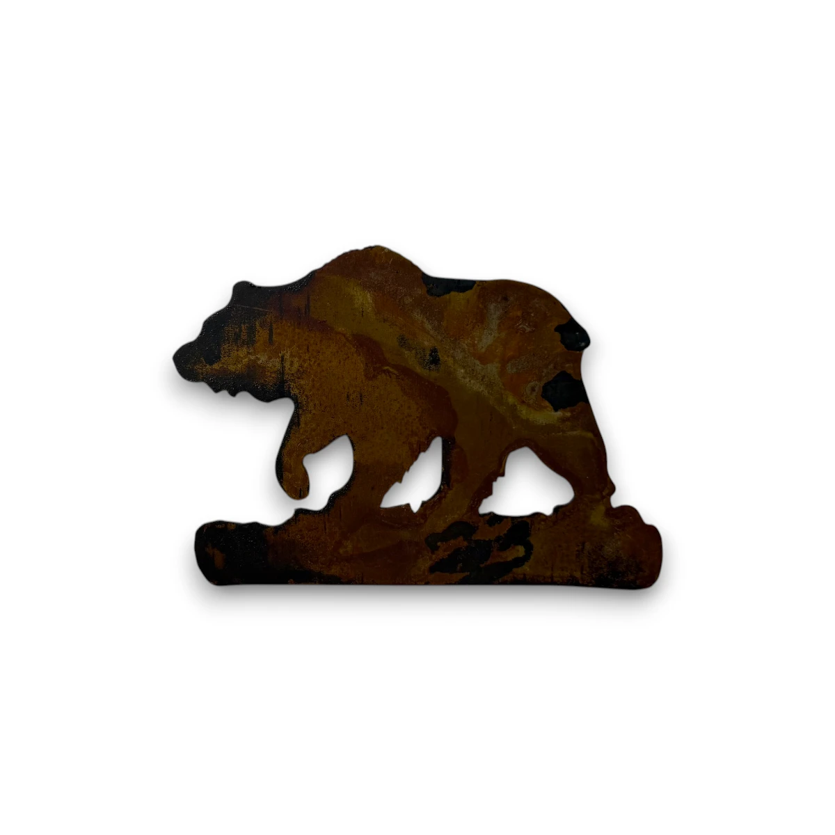 metal-wall-art-design-1014L-6-grizzly-bear Hand-painted grizzly bear metal art accent with rustic weathered finish and mountain cabin wildlife decor style.