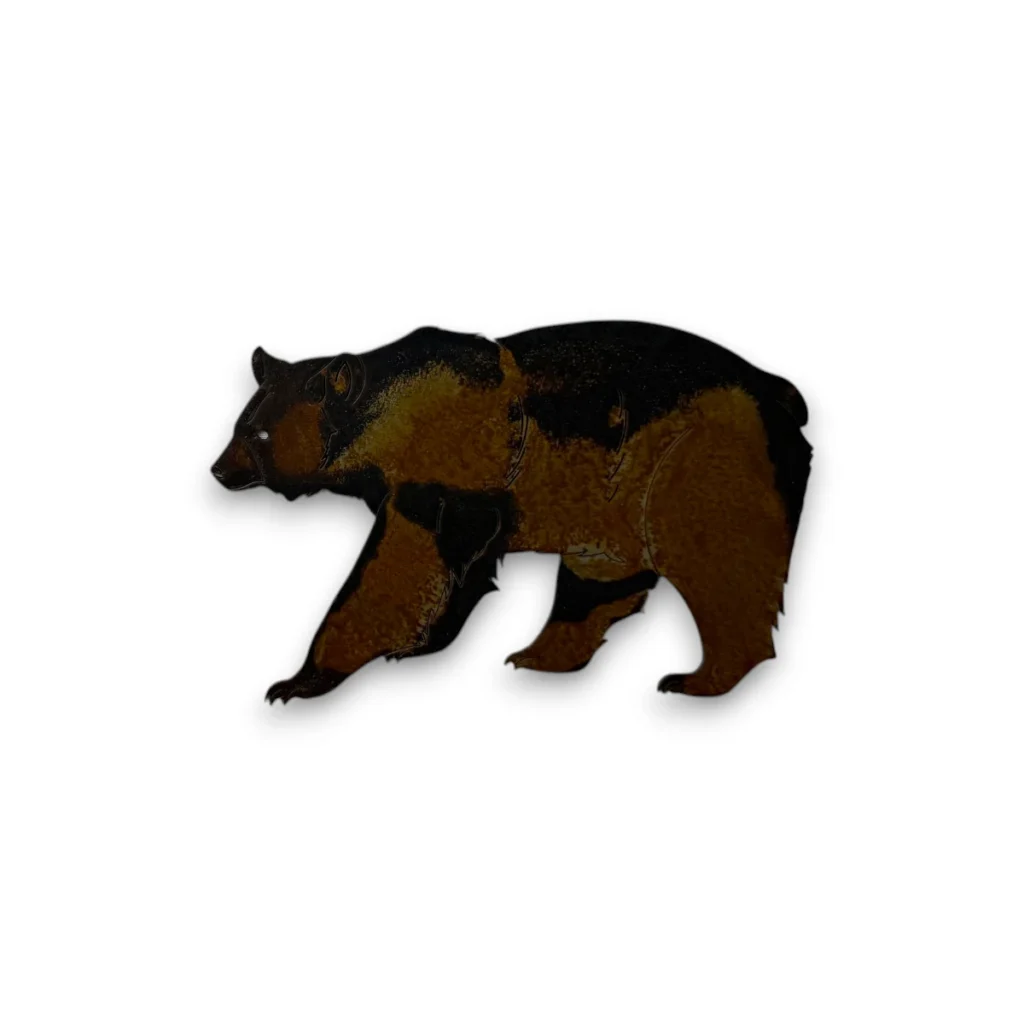 Hand-painted black bear metal art accent with rustic weathered finish and cabin wildlife decor style.
