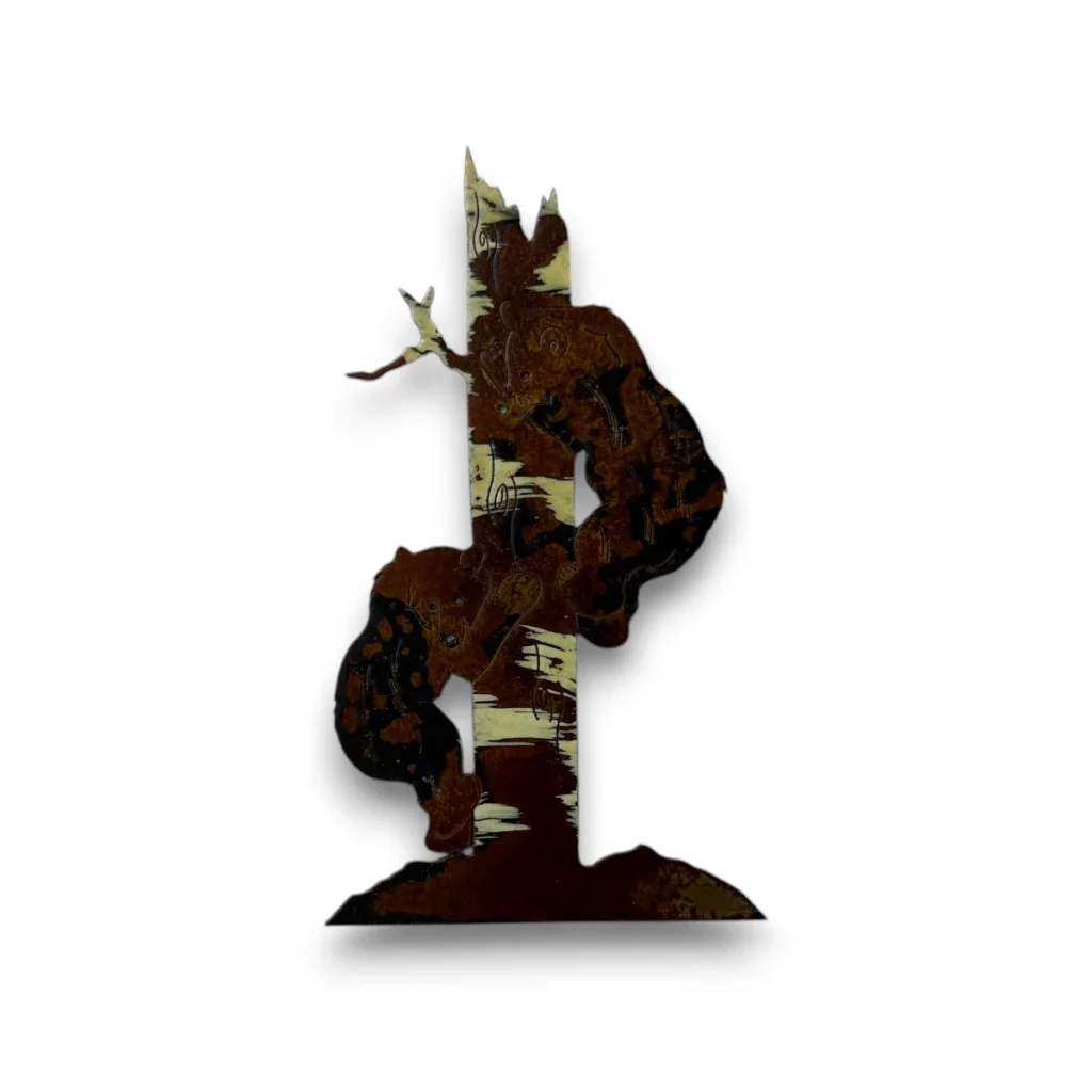 Hand-painted bear cubs in tree metal art with rustic weathered finish and woodland cabin wildlife decor style.