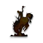 Hand-painted bronc rider metal art accent with rustic weathered finish and western rodeo cowboy decor style.