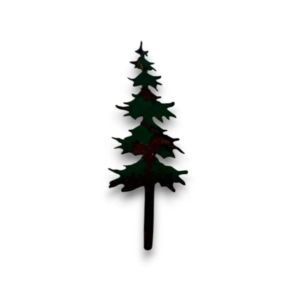 Hand-painted pine tree metal art accent with rustic weathered finish and woodland cabin wall decor style.