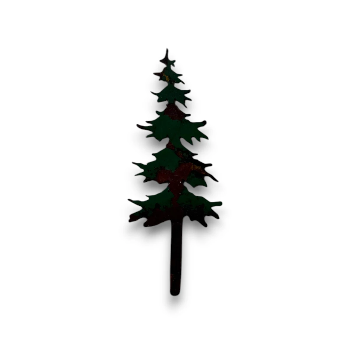 metal-wall-art-design-1031-6-pine-tree Hand-painted pine tree metal art accent with rustic weathered finish and woodland cabin wall decor style.