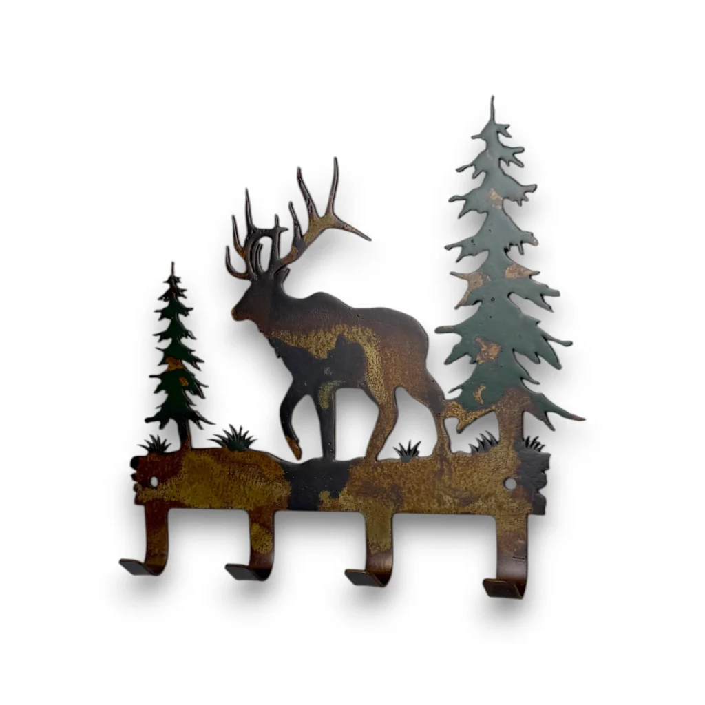 Hand-painted elk metal key holder with pine trees, four hooks, rustic weathered finish, and mountain cabin wildlife decor style.
