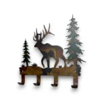 Hand-painted elk metal key holder with pine trees, four hooks, rustic weathered finish, and mountain cabin wildlife decor style.
