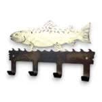 Hand-painted trout metal key holder with four hooks, rustic weathered finish, and fishing cabin lake house decor style.