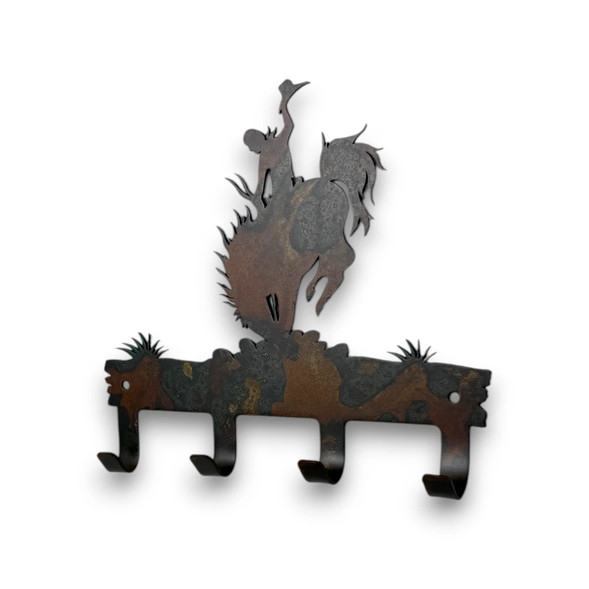 metal-wall-art-design-1109L-keyholder-bronc-rider Hand-painted bronc rider metal key holder with four hooks, rustic weathered finish, and western rodeo ranch decor style.