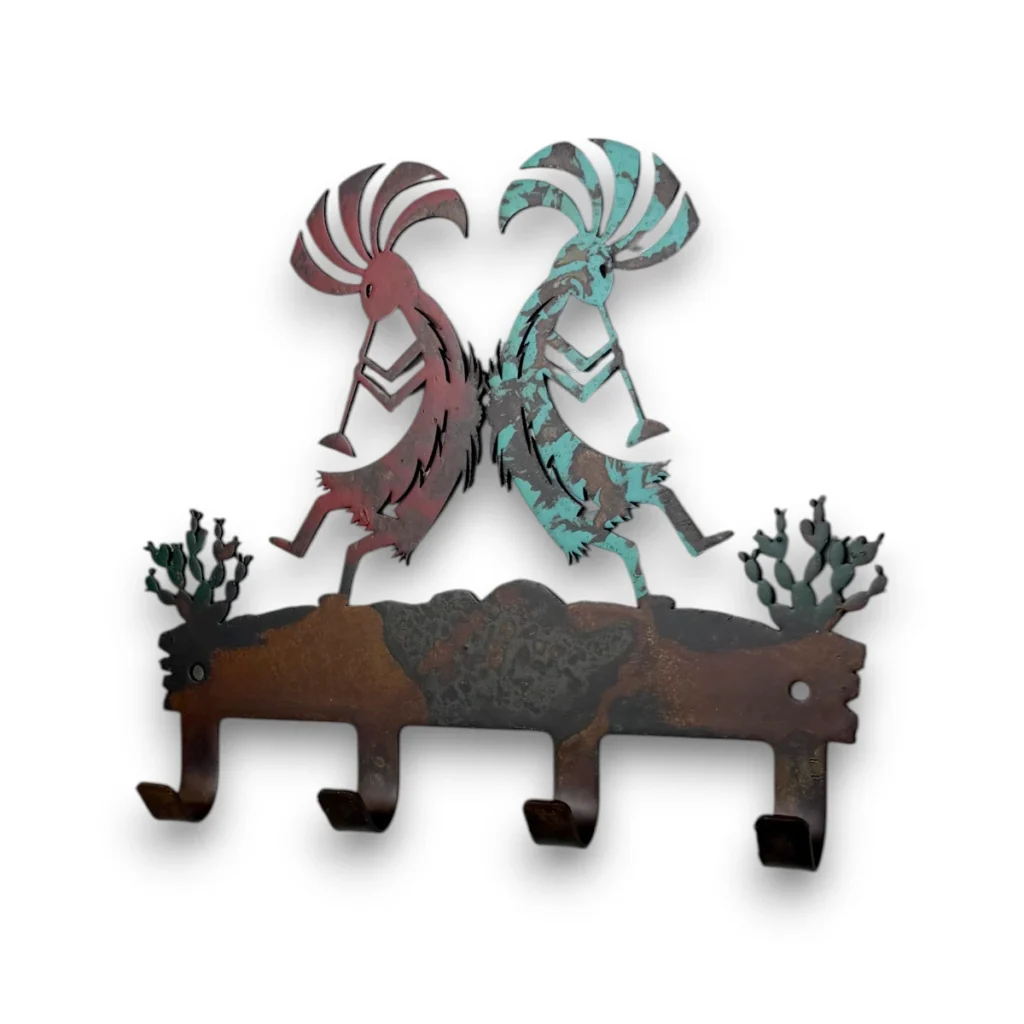 Hand-painted Kokopelli metal key holder with four hooks, turquoise and red accents, rustic weathered finish, and Southwestern decor style.