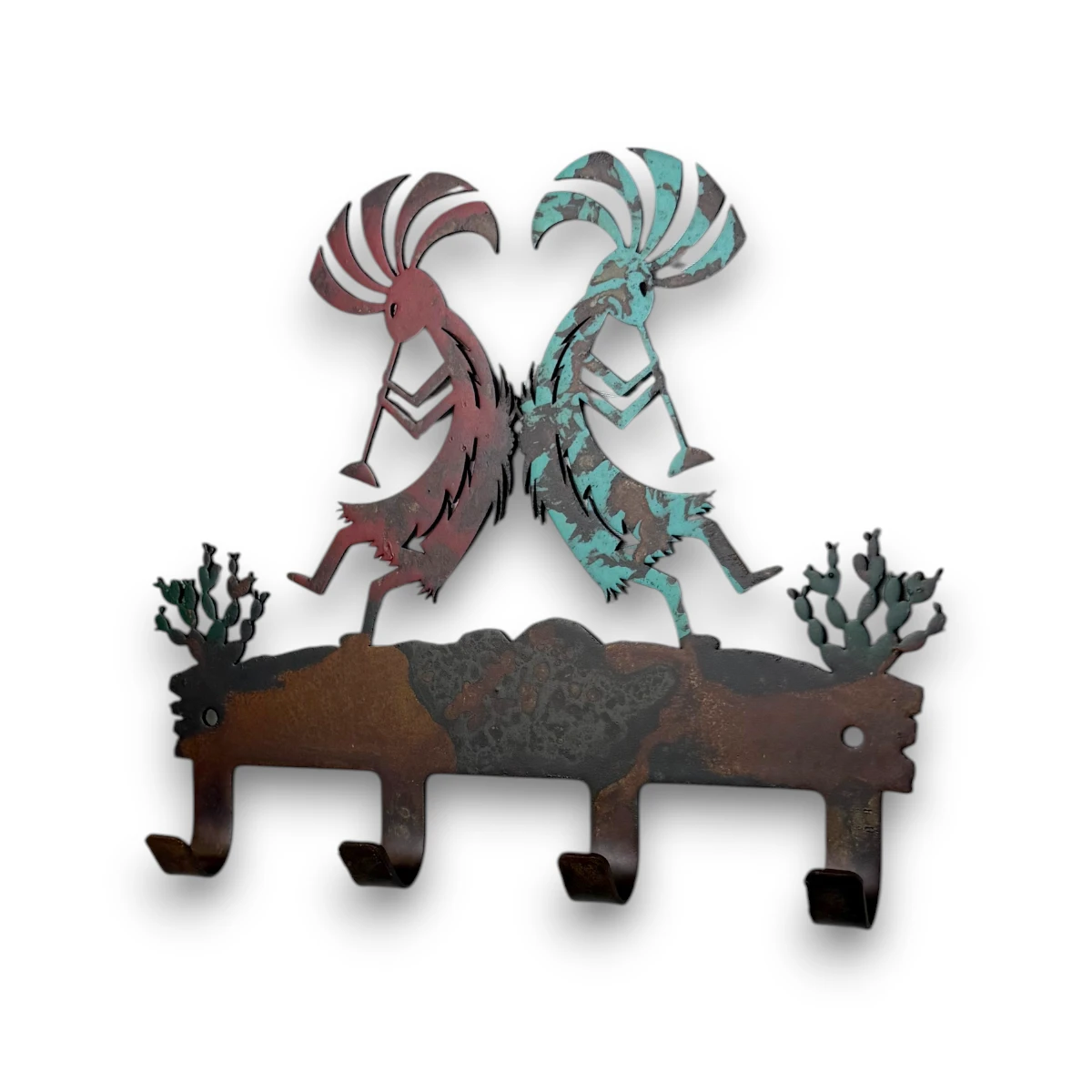 metal-wall-art-design-1111-keyholder-kokopelli-red-turquoise Hand-painted Kokopelli metal key holder with four hooks, turquoise and red accents, rustic weathered finish, and Southwestern decor style.