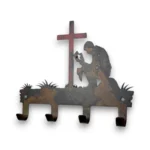 Hand-painted praying cowboy metal key holder with red cross, four hooks, rustic weathered finish, and faith-inspired western decor.