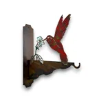 Hand-painted hummingbird metal feeder hanger with red bird, flower detail, rustic weathered finish, and garden patio decor style.