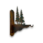 Hand-painted pine tree metal feeder hanger with rustic weathered finish and woodland cabin garden decor style.
