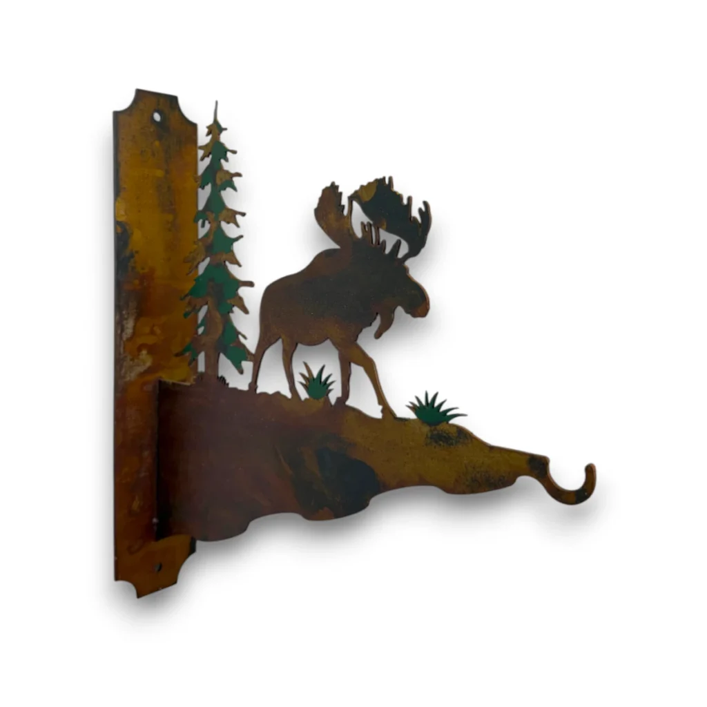 Hand-painted moose metal feeder hanger with pine tree, rustic weathered finish, and cabin garden outdoor decor style.