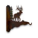 Hand-painted elk metal feeder hanger with pine tree, rustic weathered finish, and mountain cabin outdoor garden decor style.